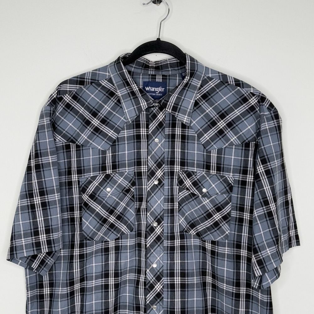 Wrangler‎ Western Shirt Men's XLT Blue Plaid Pearl Snap Long Sleeve Lightweight